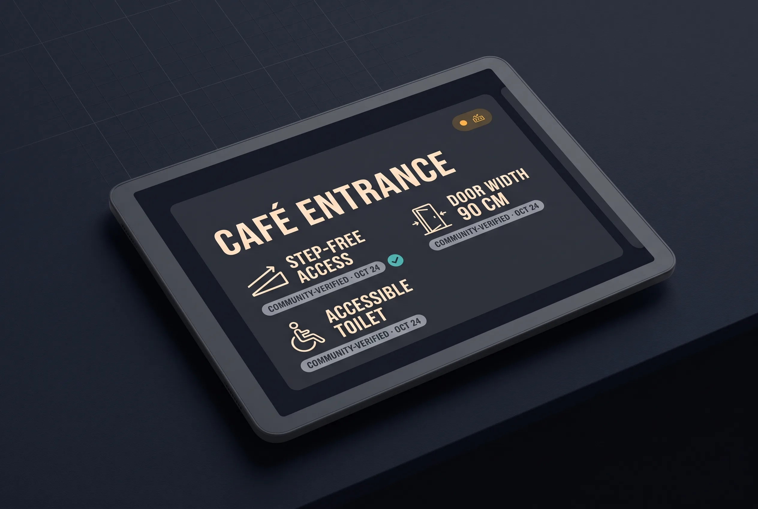 Venue accessibility card showing entrance facts with community-verification chips and freshness dates.