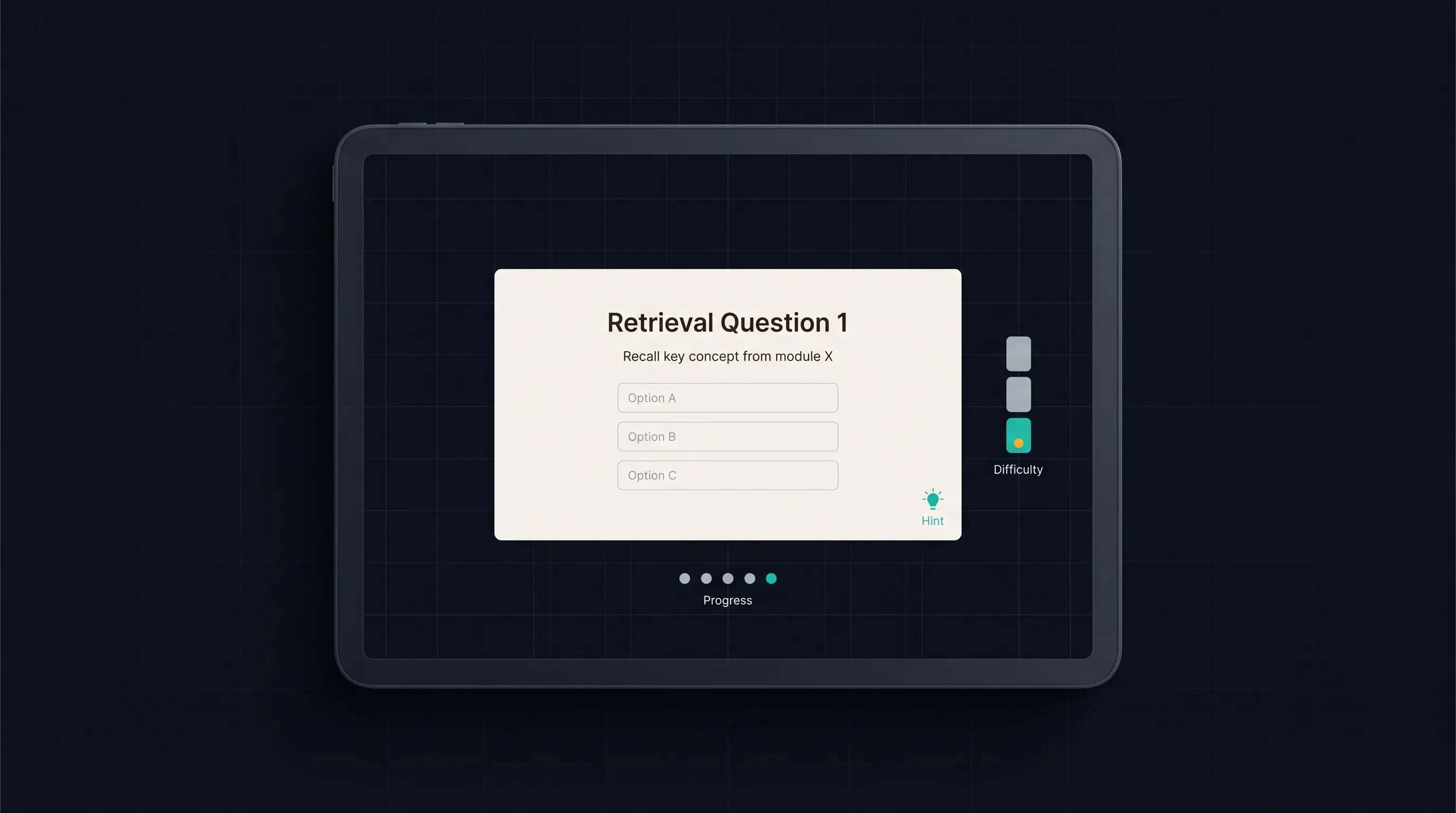 Practice session screen with a single question card, difficulty band indicator, and progress dots.