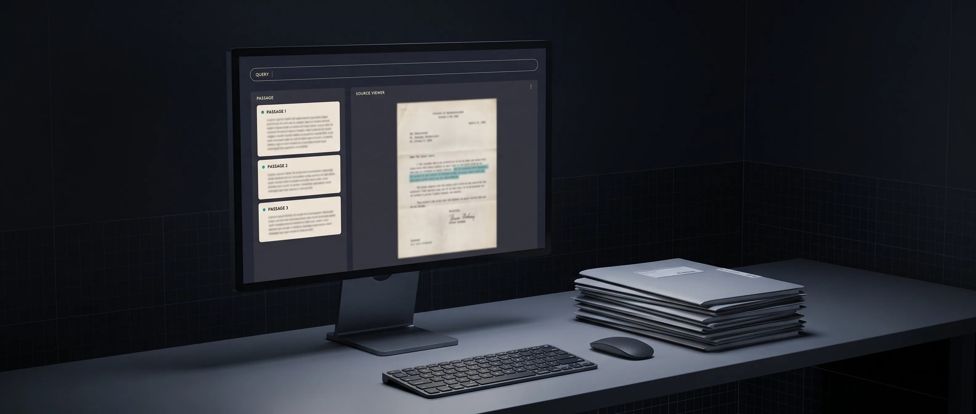 A document-navigation workspace on a large monitor: a query bar, ranked cited passages, and a scanned clinical letter open in a source viewer.