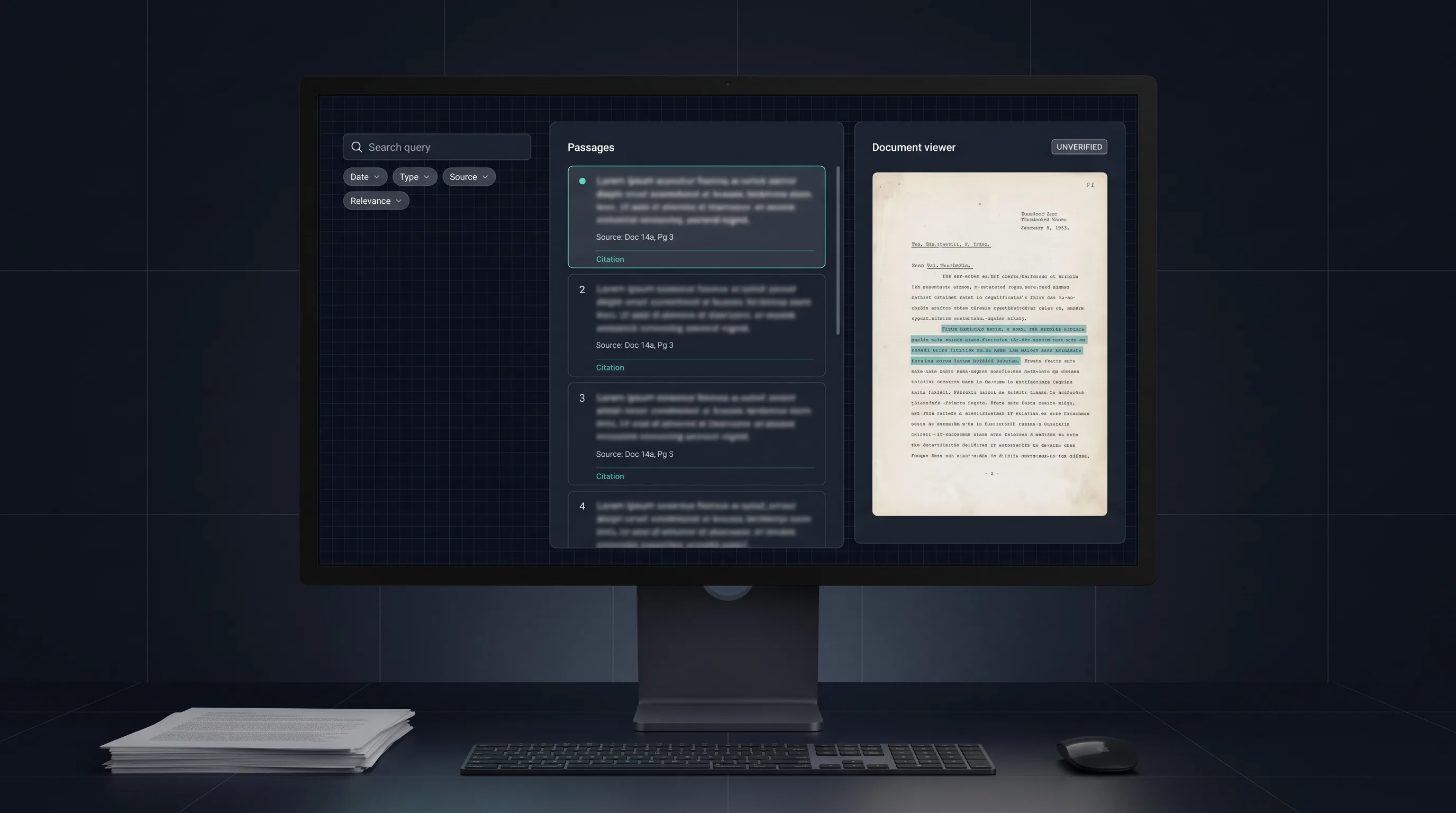 Three-pane workspace showing a search query, a ranked list of passages with citations, and the highlighted source page beside them.