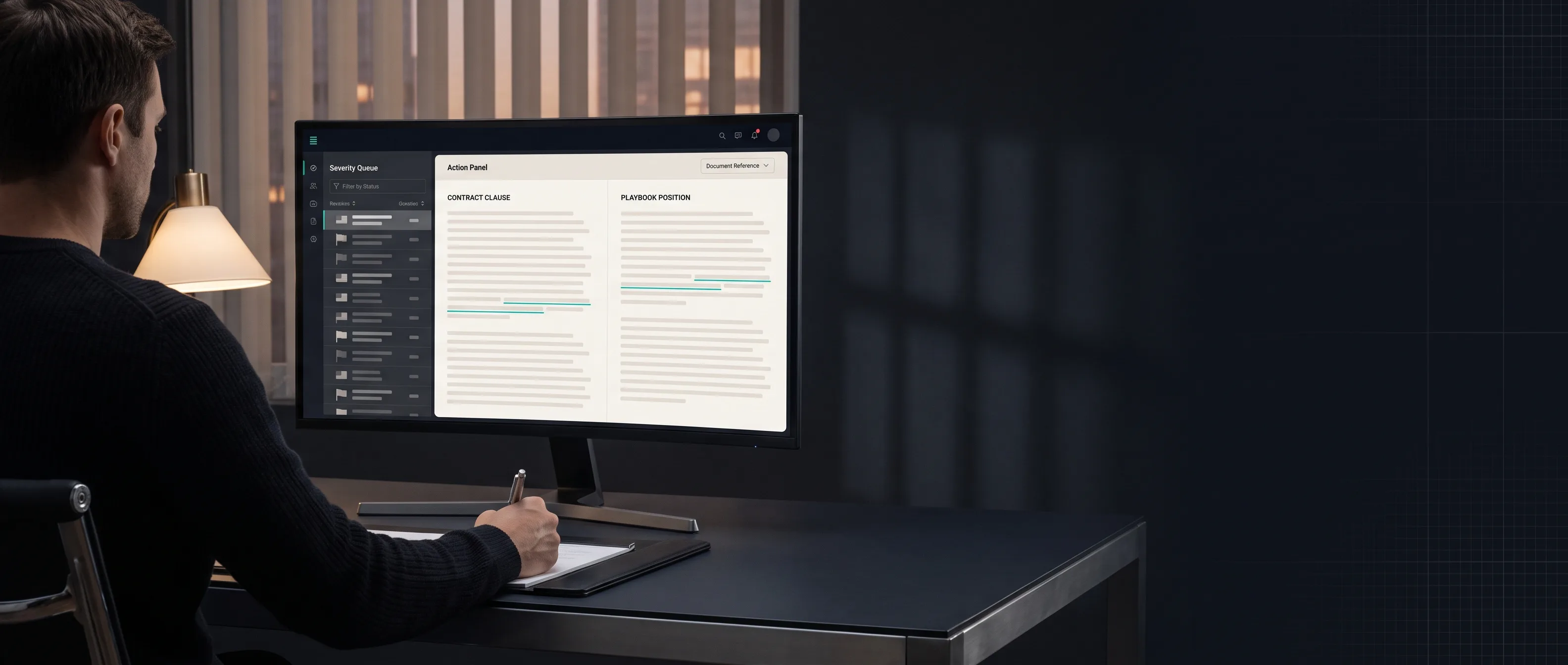 A contract reviewer works a severity-ordered deviation queue on a large monitor, clause and playbook position side by side, in a dim office.