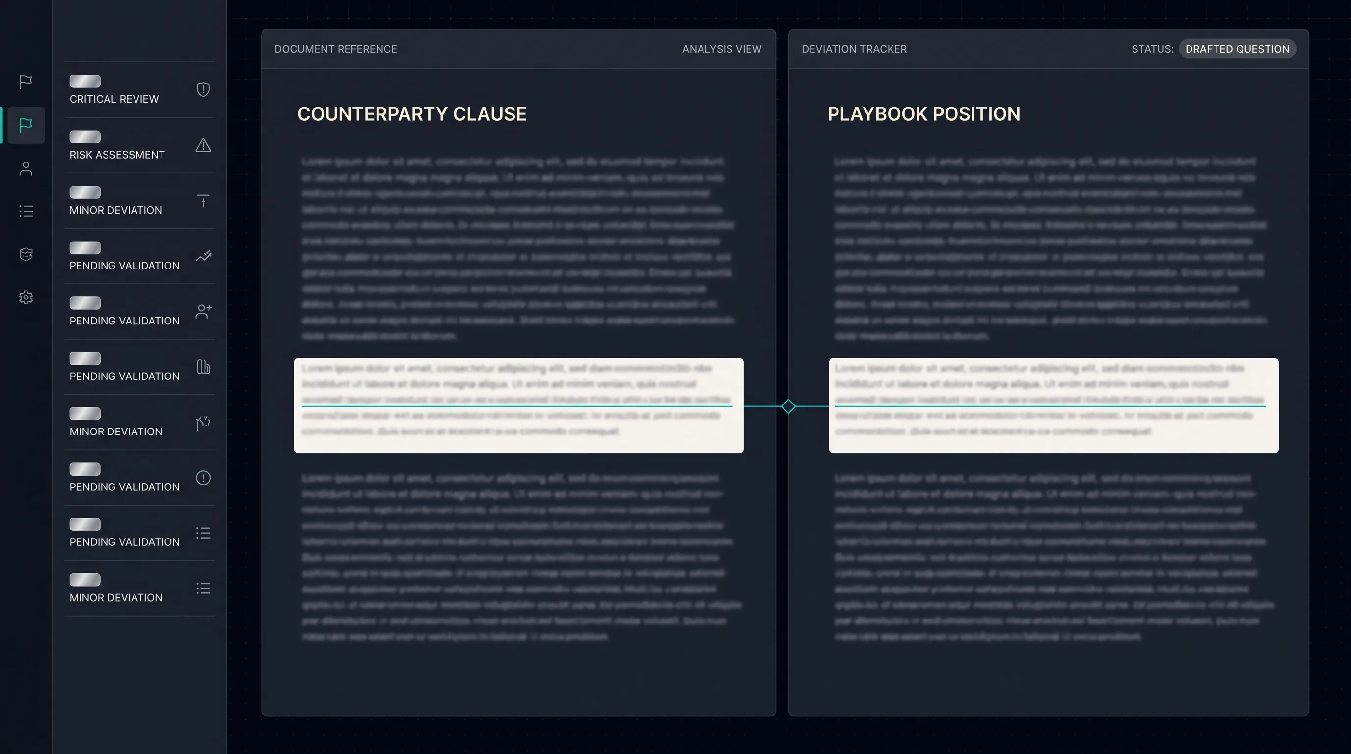 Side-by-side citation view: a contract clause highlighted on the left, the playbook position on the right, and a deviation flag between them.