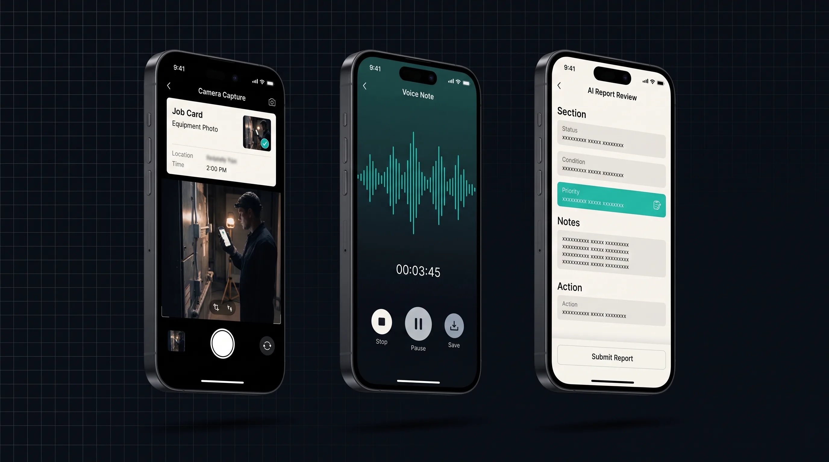 Three mobile screens of the capture flow: photo evidence attached to a job, a voice-note recording view, and an AI-drafted report awaiting review.