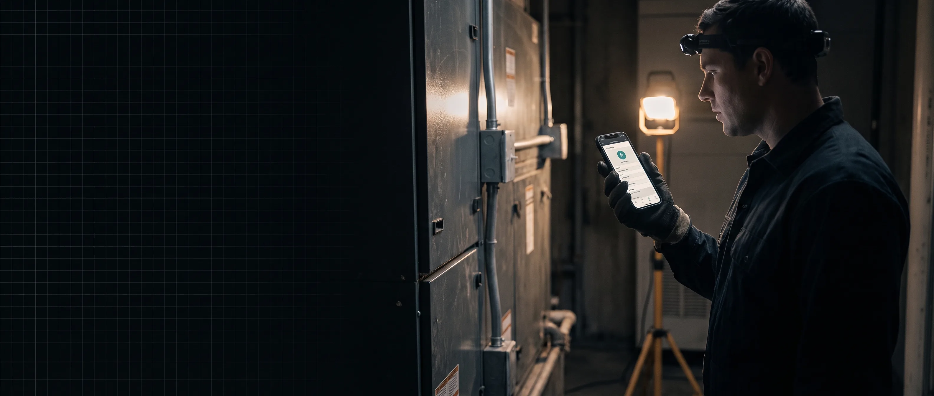 A field technician in work gear stands beside an HVAC unit, speaking a voice note into a phone that shows a structured report form taking shape.
