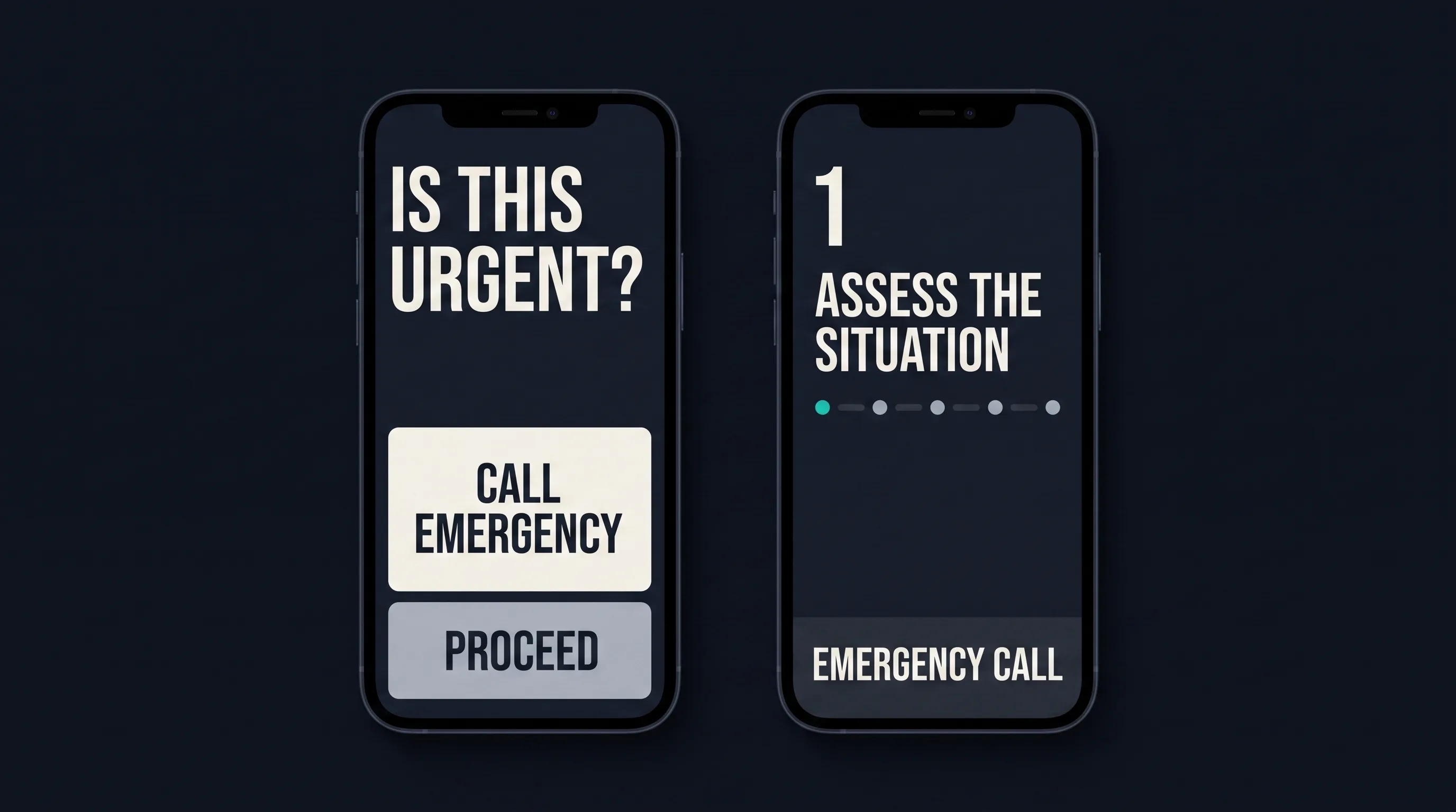 A procedure flow that begins with the call-emergency-services decision screen before any steps, rendered in stark high-contrast type.