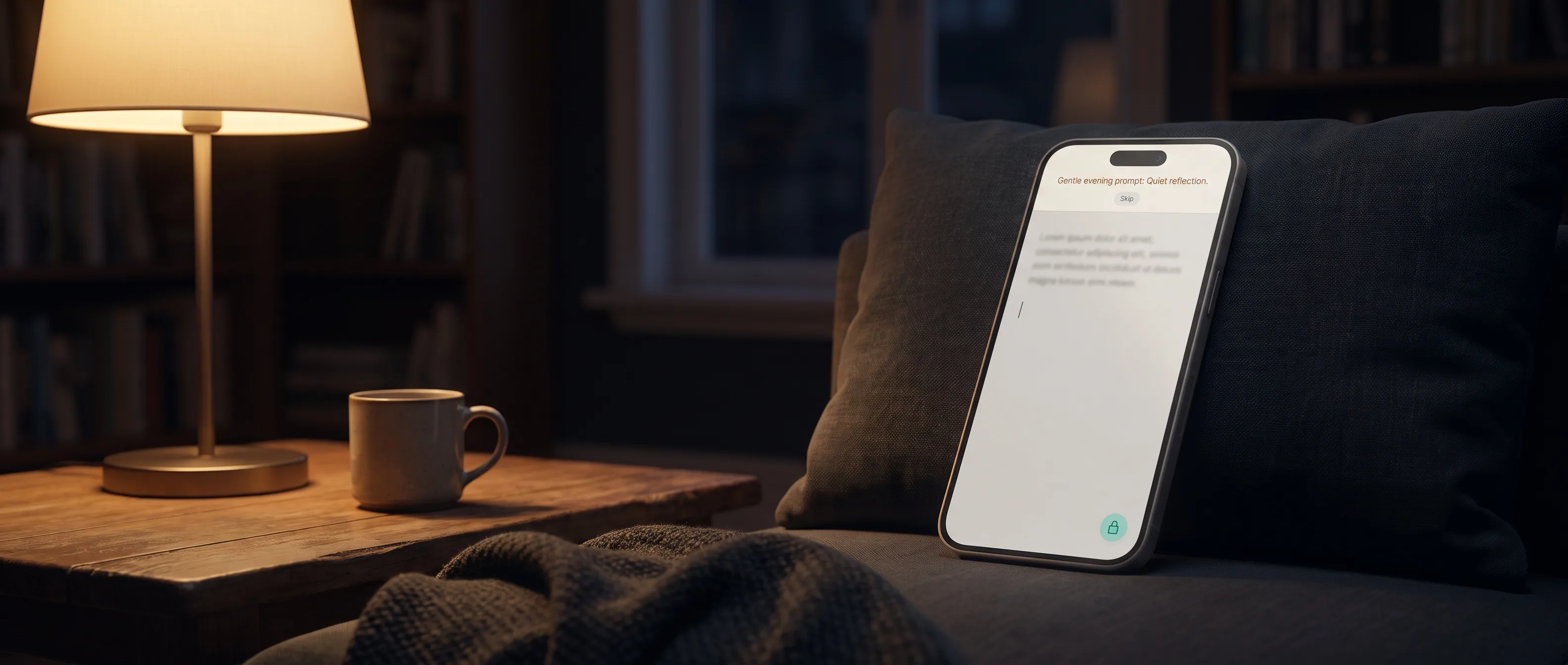 A quiet evening journal screen: a calm, text-forward editor with a single gentle prompt, on a phone resting in warm lamp light.