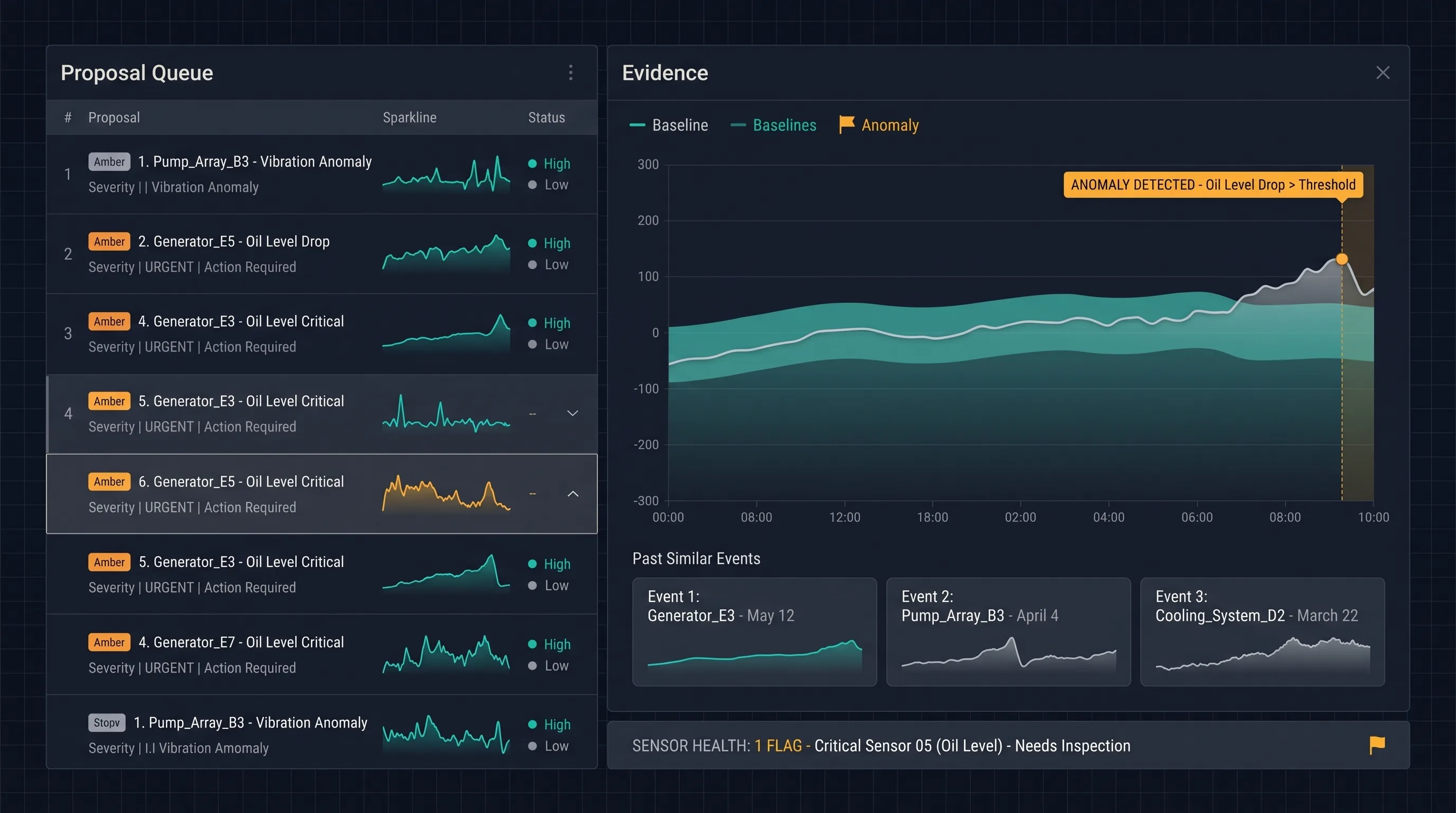 The console's proposal queue with one evidence panel expanded: signal trace, asset baseline band, and similar past events side by side.