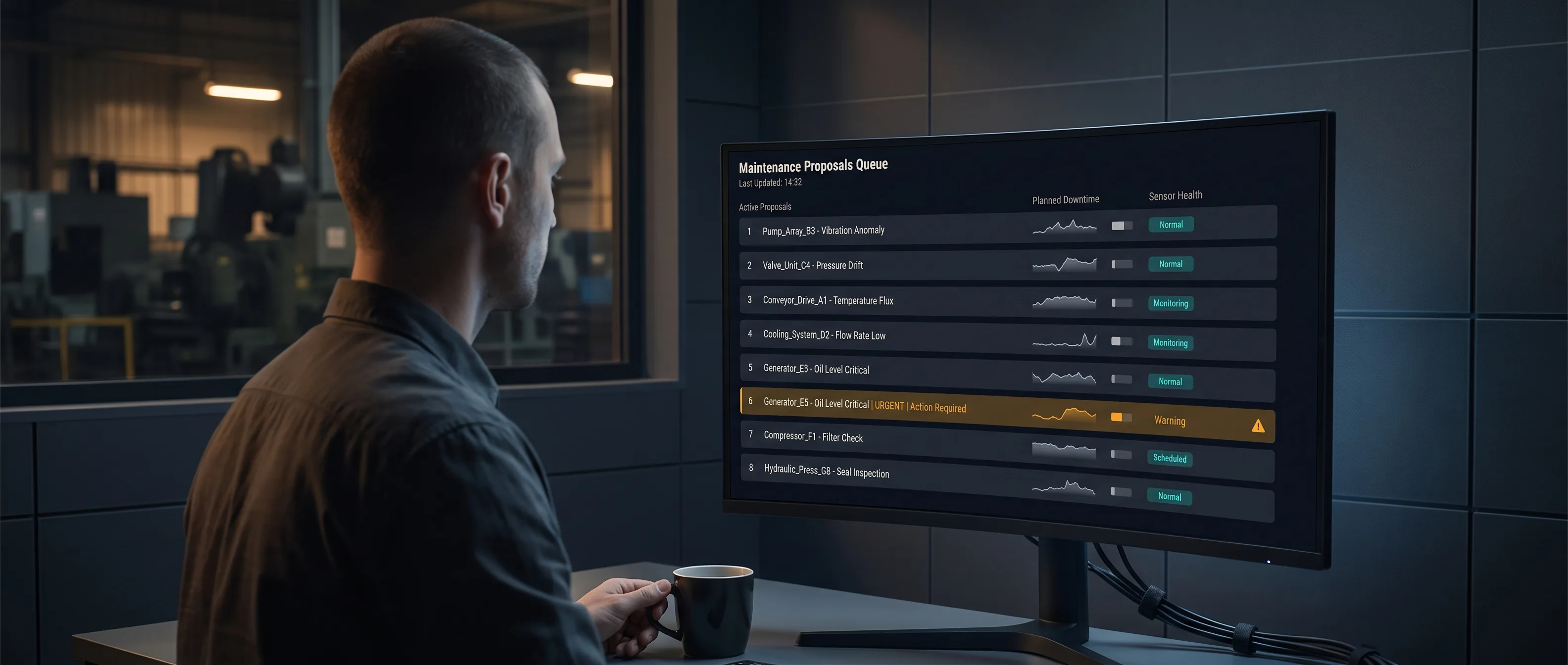 A maintenance planner reviews a ranked queue of work proposals on a wide console, each with a sensor trace, in a dim plant-side office.