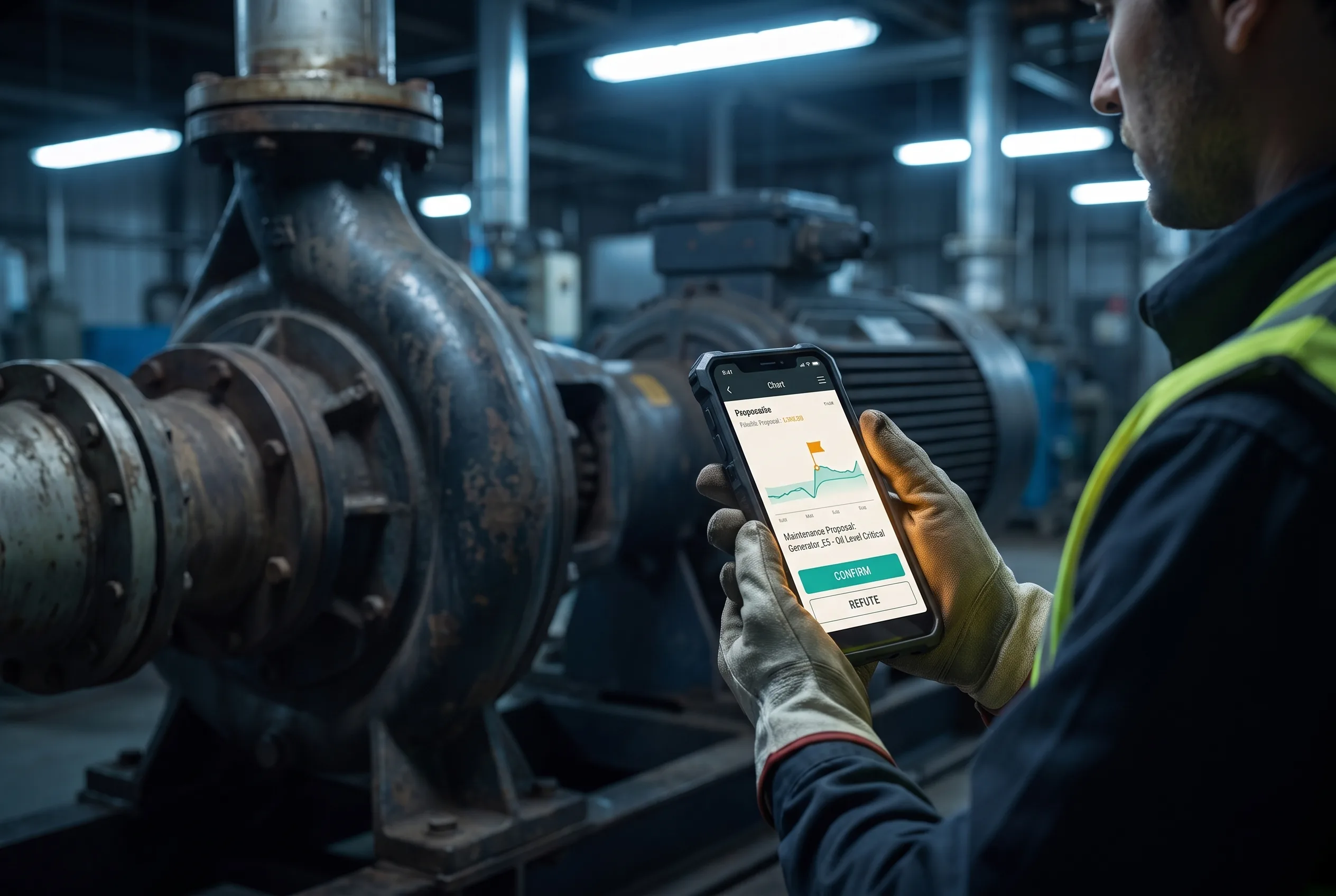 A technician on the plant floor holds a rugged phone beside a pump, confirming a finding with the proposal's evidence on screen.