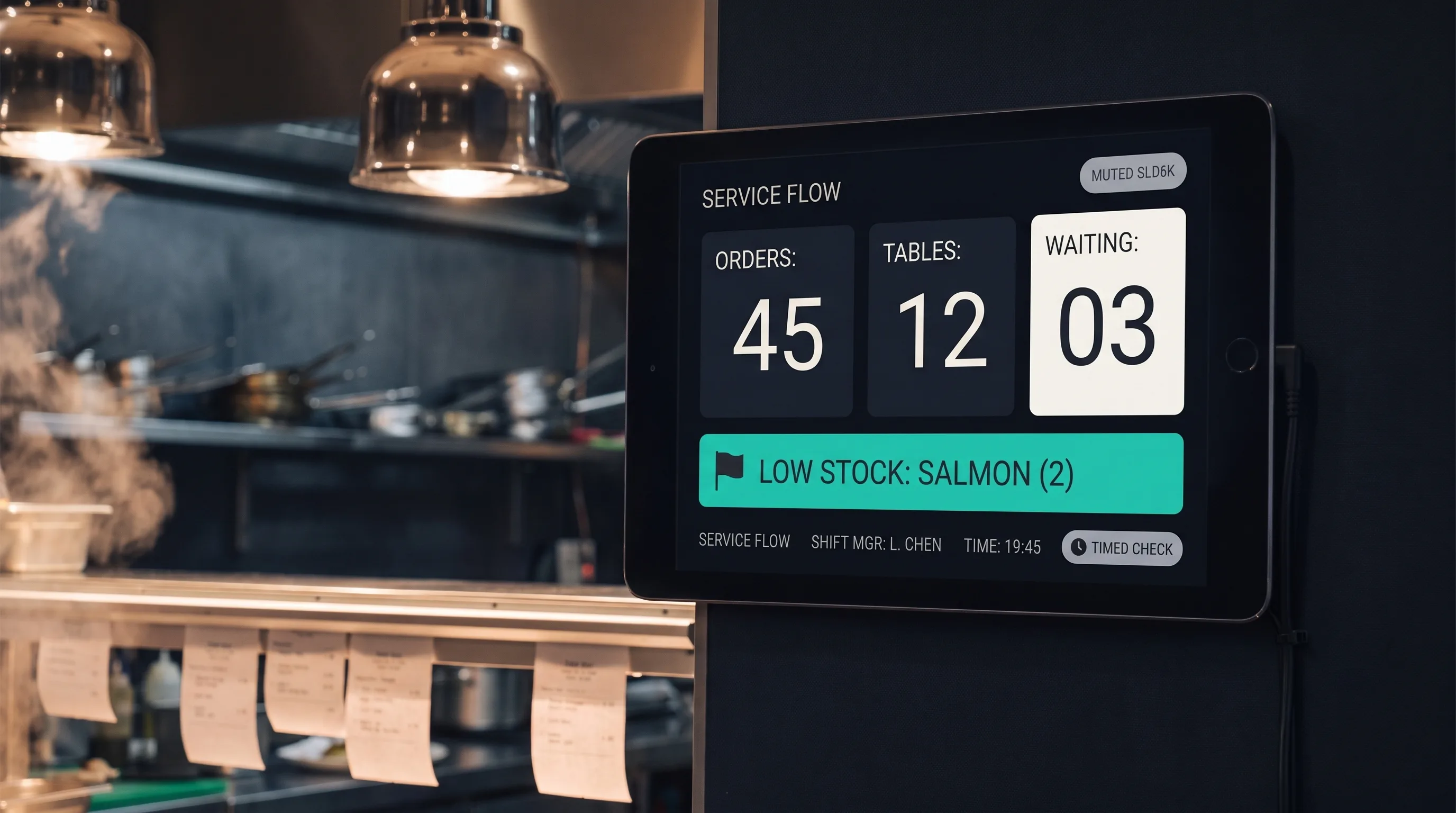 A wall-mounted tablet above the kitchen pass showing large-type counts, a timed check prompt, and low-stock flags readable from meters away.